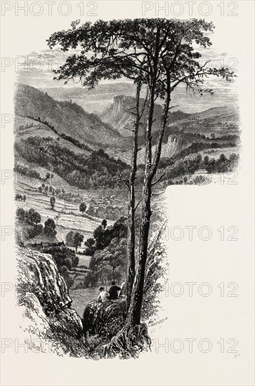 The Vale of Cromford and Matlock, from the Black Rocks, the dales of Derbyshire, country, UK, U.K., Britain, British, Europe, United Kingdom, Great Britain, European, 19th century engraving