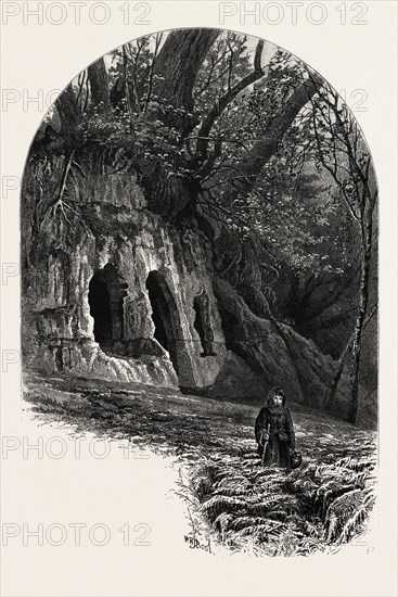 The Hermit's Cave, Depedale, the dales of Derbyshire, UK, U.K., Britain, British, Europe, United Kingdom, Great Britain, European, 19th century engraving