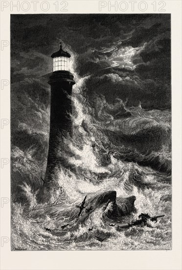 EDDYSTONE LIGHTHOUSE, the south coast, UK, U.K., Britain, British, Europe, United Kingdom, Great Britain, European, 19th century engraving