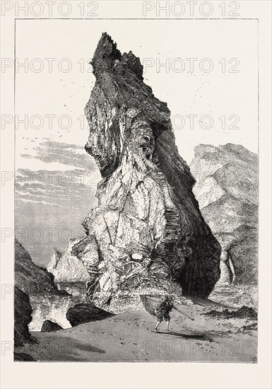 THE STEEPLE, KYNANCE COVE, the south coast, UK, U.K., Britain, British, Europe, United Kingdom, Great Britain, European, 19th century engraving