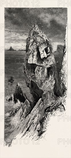 Mullion Gull Rock, the south coast, UK, U.K., Britain, British, Europe, United Kingdom, Great Britain, European, 19th century engraving