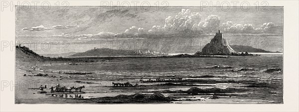 St. Michael's Mount, Cornwall, the south coast, UK, U.K., Britain, British, Europe, United Kingdom, Great Britain, European, 19th century engraving