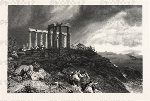 Temple of Minerva, Sunium, Greece, engraved, J. Saddler, Saddler, Simpson, William, 'Crimea', (1823-1899), 19th century engraving