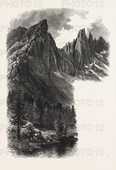 The Karer See and Caressa Alp, Karersee, lago di Carezza, Dolomites, South Tyrol, Italy, 19th century engraving