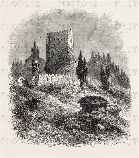 Schloss Buchenstein, Burg Andraz, Schloss Andraz, Castello Buchenstein, Ciastel d'Andrac, Dolomites, Belluno, Italy, 19th century engraving