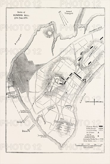 PLAN OF THE BATTLE OF BUNKER'S HILL. (Showing the First and Second Positions of the Troops), UNITED STATES OF AMERICA, US, USA, 1870s engraving