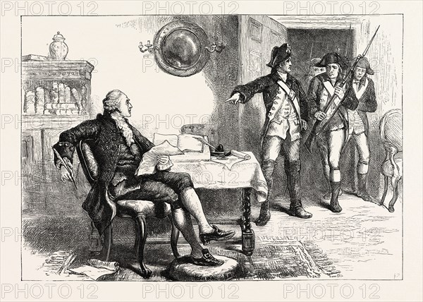 ARREST OF WILLIAM FRANKLIN; He was a British American soldier, attorney, and colonial administrator, US, USA, 1870s engraving
