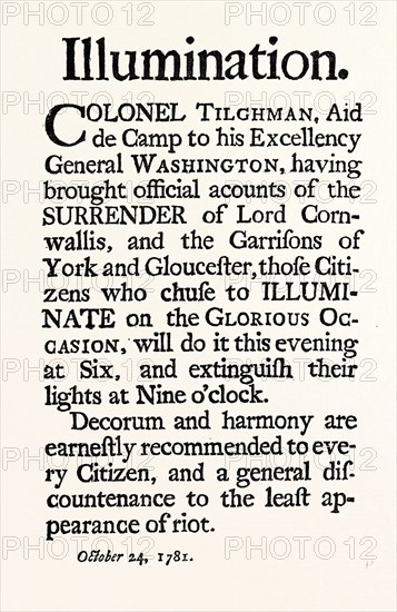 REDUCED FACSIMILE OF THE PROCLAMATION RESPECTING ILLUMINATIONS ON THE SURRENDER OF CORNWALLIS, US, USA, 1870s engraving