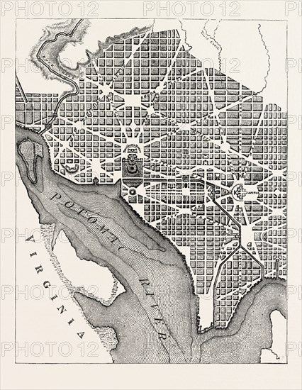 PLAN OF THE CITY OF WASHINGTON, AS ORIGINALLY LAID OUT (From a Plate published in 1793.), UNITED STATES OF AMERICA, US, USA, 1870s engraving