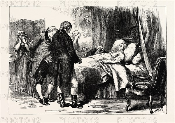 GEORGE WASHINGTON ON HIS DEATHBED, UNITED STATES OF AMERICA, US, USA, 1870s engraving