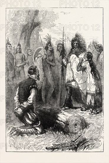 POCAHONTAS SAVES CAPTAIN SMITH'S LIFE. Pocahontas, born Matoaka, and later known as Rebecca Rolfe, was a Virginia Indian. Captain Smith was an English soldier, explorer, and author, US, USA, 1870s engraving