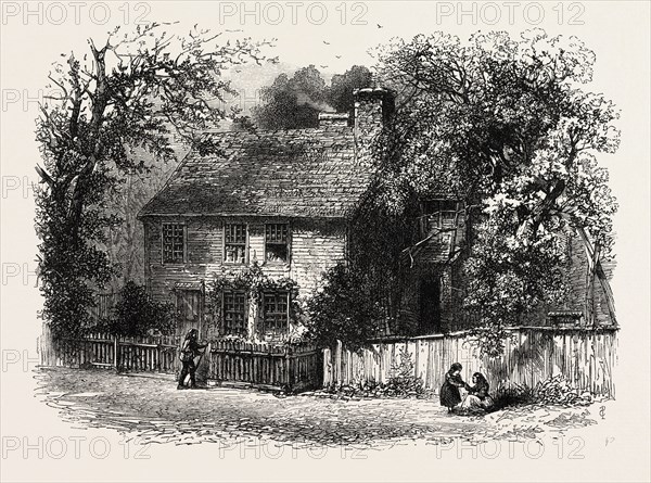 HOUSE LATELY STANDING AT PROVIDENCE, SAID TO HAVE USED FOR PRAYER MEETINGS BY WILLIAMS, UNITED STATES OF AMERICA, US, USA, 1870s engraving