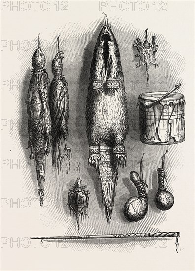 INDIAN MEDICINE BAG, MYSTERY WHISTLE, RATTLES, AND DRUM, US, USA, 1870s engraving