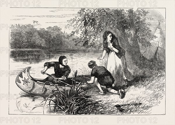 MRS. DUNSTAN ESCAPING DOWN THE MERRIMAC, MERRIMACK RIVER, UNITED STATES OF AMERICA, US, USA, 1870s engraving