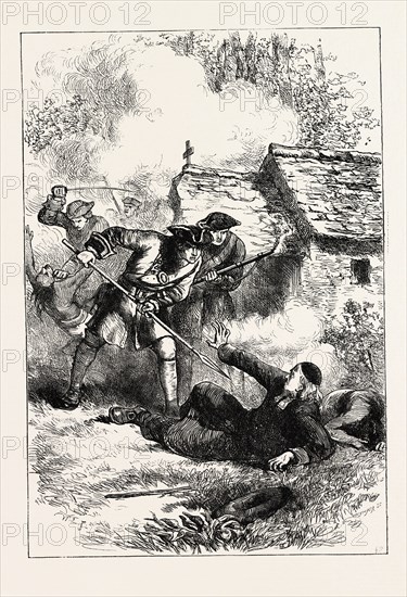 DEATH OF RASLES, sebastien rale, rasle, priest, jesuit, missionary to the abenakis, 1657-1724. killed at norridgewock, narantsouk, today old point, south madison, me., US, USA, 1870s engraving