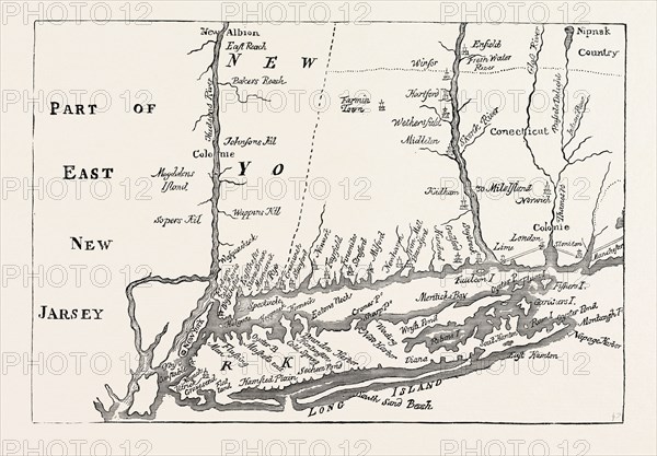 NEW YORK AT THE BEGINNING OF THE EIGHTEENTH CENTURY. (From Mather's Magnalia.) UNITED STATES OF AMERICA, US, USA, 1870s engraving