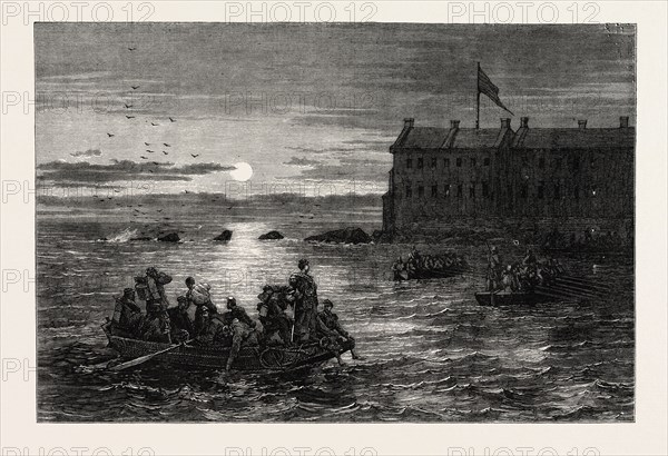 REMOVAL OF THE TROOPS FROM FORT MOULTRIE TO FORT SUMTER, UNITED STATES OF AMERICA, US, USA, 1870s engraving