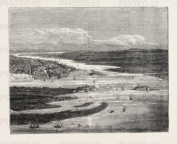 VIEW OF CHARLESTON HARBOUR, SHOWING THE FORTS AND SUNKEN VESSELS, UNITED STATES OF AMERICA, US, USA, 1870s engraving