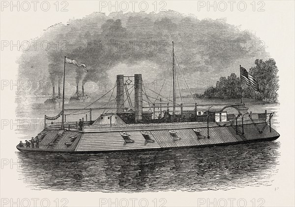 FEDERAL IRON-CLAD RIVER GUNBOAT, AMERICAN CIVIL WAR, UNITED STATES OF AMERICA, US, USA, 1870s engraving