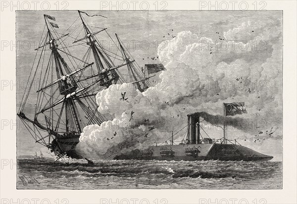 THE MERRIMAC SINKING THE CUMBERLAND, AMERICAN CIVIL WAR, UNITED STATES OF AMERICA, US, USA, 1870s engraving