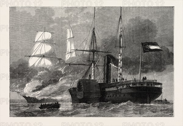 THE NASHVILLE DESTROYING A FEDERAL MERCHANTMAN, AMERICAN CIVIL WAR, UNITED STATES OF AMERICA, US, USA, 1870s engraving