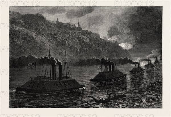 GUNBOATS PASSING VICKSBURG, AMERICAN CIVIL WAR, UNITED STATES OF AMERICA, US, USA, 1870s engraving