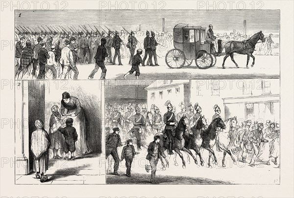 Cotton riots in lancashire, uk, 1. A Detachment of the 15th Foot led by a Magistrate marching to a suspected Spot, Blackburn.-2. Asking Alms.-3. Arrival at Accrington Of a Detachment of the 5th Dragoons