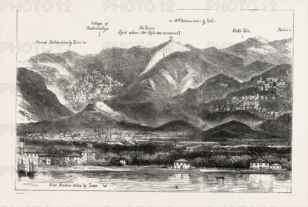 THE CRISIS IN THE EASTâ€îVOLO AND ITS ENVIRONS, SHOWING INSURGENTS' POSITION AND SPOT WHERE MR, OGLE WAS MURDERED