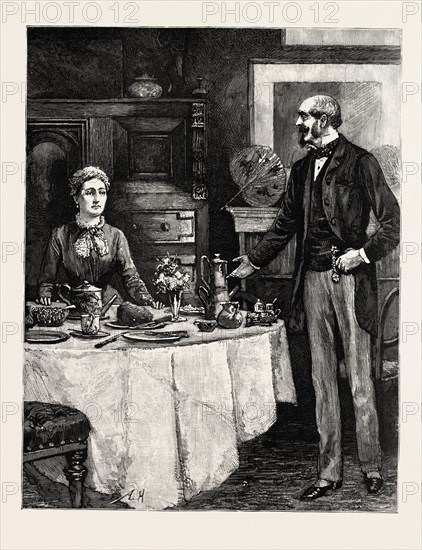 DRAWN BY ARTHUR HOPKINS You seem to be always wanting cheques, engraving 1884, life in Britain, UK, britain, british, europe, united kingdom, great britain, european, art, artist