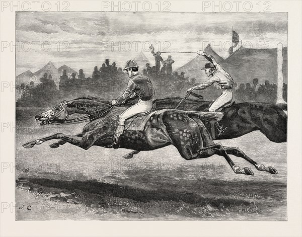 DRAWN BY JOHN CHARLTON, HORSE RACING, engraving 1884, life in Britain, UK, britain, british, europe, united kingdom, great britain, european, art, artist