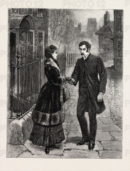 DRAWN BY JOHN CHARLTON, STREET, MAN, WOMAN, ENCOUNTER, engraving 1884, life in Britain, UK, britain, british, europe, united kingdom, great britain, european, art, artist