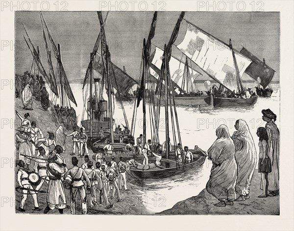 DEPARTURE OF THE MUDIR'S TROOPS FROM DONGOLA FOR AMBUKOL FROM A SKETCH BY MR. F. VILLIERS, OUR SPECIAL ARTIST WITH THE NILE EXPEDITION, engraving 1884