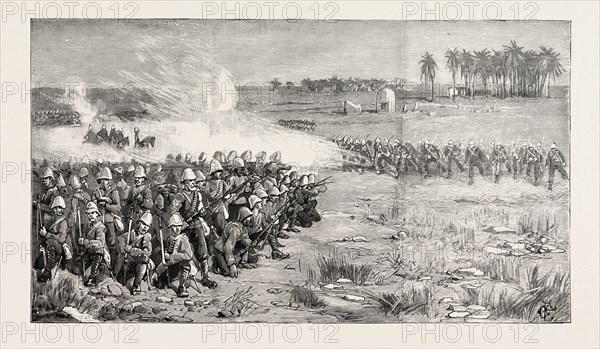 THE NILE EXPEDITION  A SHAM FIGHT BETWEEN THE CAMEL CORPS AND THE ROYAL SUSSEX REGIMENT FROM A SKETCH BY A MILITARY OFFICER, engraving 1884