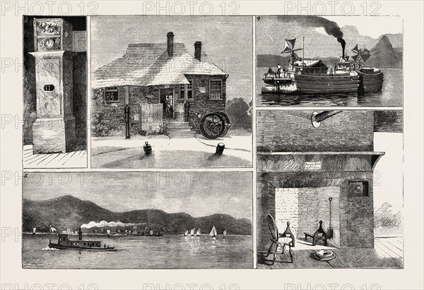 RIVER HUDSON, I. Washington's Headquarters at Newburg. 2. Washington's Clock. 3. Kitchen in Washington's Headquarters. 4. A Tow on the River. 5. Piermont, the Scene of the Execution of Major Andre., engraving 1884, US, USA, America, United States