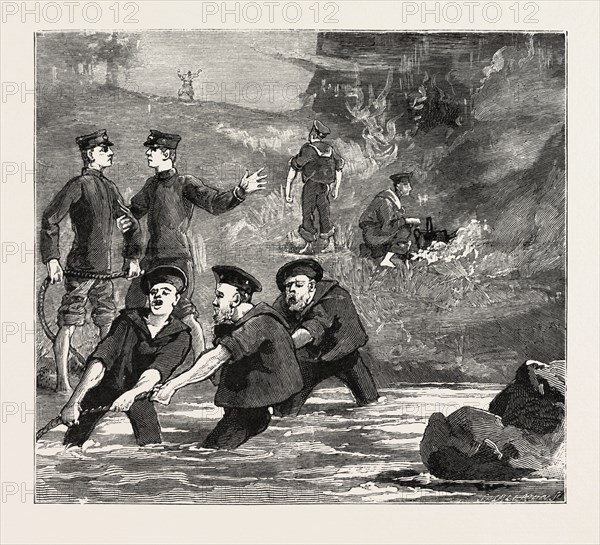 WE GO SEINING AND MAKE A BONFIRE IN THE WOODS, engraving 1884