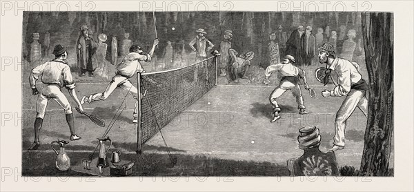 WE FIND A JOLLY PLACE IN THE CEMETERY FUR LAWN-TENNIS, engraving 1884