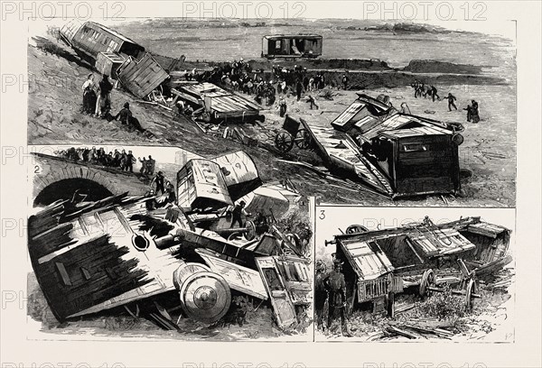 RAILWAY ACCIDENT AT BULLHOUSE BRIDGE, PENISTONE, NEAR SHEFFIELD, I. The Part of the Train Which Fell Over the Embankment. 2. The Shattered Carriages Piled Up in the Road. 3. The Guard's Van., engraving 1884, UK, britain, british, europe, united kingdom, great britain, european