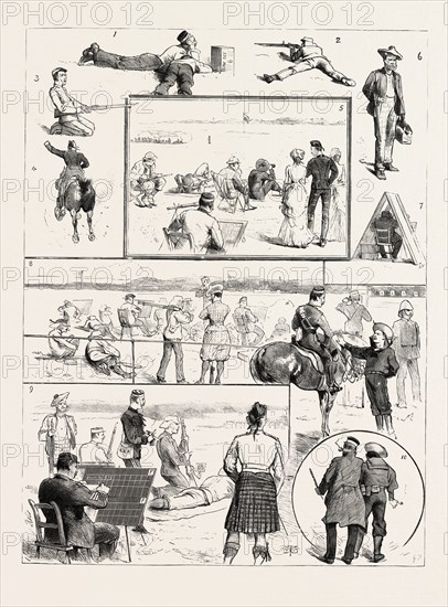 VOLUNTEER CAMP WINDSOR, I. Sleeping Partners. 2. Military Position, 3. In Flagrante Delicto. 4. Hi, Sir I What the  5. The Humphrey Cup. 6. A Commercial Speculation. 7. A Tight Fit. 8. The First Stage Queen's. 9. The Graphic ! Best of Chums, engraving 1884, UK, britain, british, europe, united kingdom, great britain, european