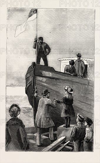CHRISTENING THE ARK, engraving 1884, GRANTON QUARRY, NEAR EDINBURGH, UK, britain, british, europe, united kingdom, great britain, european
