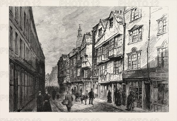 OLD HOUSES IN WYCH STREET, LONDON, DEMOLISHED, engraving 1884, UK, britain, british, europe, united kingdom, great britain, european