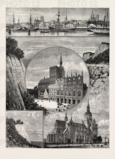 Stralsund from the Harbour. The Zerkluftete Wand, Rugen. 3. View in the Stubbenkammer, Rugen. 4. Roman Catholic Church and Rathhaus, Stralsund. 5.  The King's Chair, Rugen. 6. Church at Stralsund, engraving 1884, North Germany, Germany