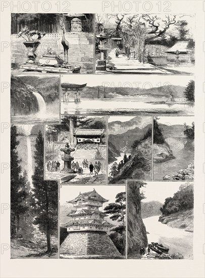 PLACES IN JAPAN, I. Iyeyasu's Tomb, Nikko. 2. Itsukusima  The Temples  3. Waterfall at Toji-no-ki, Near Kumamoto 4. Itsukusima  The Torii  5. Waterfall at Nachi, Kishu  6. Festival at Nikko 7. Ten-riu River at Nishi-no-to  8. Ota Bridge, Ten-riu-gowa 9. Nagoya Castle, Ten-riu-gowa, from below Ota, ENGRAVING 1884
