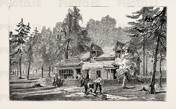 OFFICE OF THE RUGBEIAN WEEKLY NEWSPAPER, THOMAS HUGHES SETTLEMENT NEW RUGBY TENNESEE, ENGRAVING 1884, US, USA, America, United States