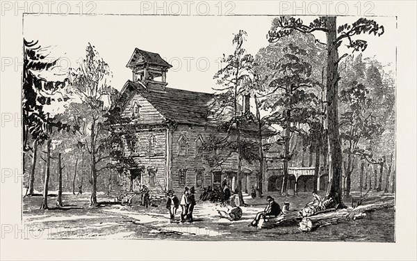 CHRIST CHURCH AND PUBLIC SCHOOL, THOMAS HUGHES SETTLEMENT NEW RUGBY TENNESEE, ENGRAVING 1884, US, USA, America, United States