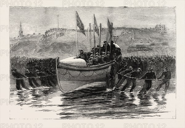 THE LAUNCH OF A NEW LIFEBOAT AT CULLERCOATS  NORTHUMBERLAND, ENGRAVING 1884, UK, britain, british, europe, united kingdom, great britain, european