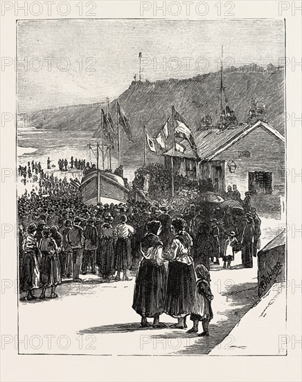 THE RELIGIOUS SERVICE BEFORE THE LAUNCH AT CULLERCOATS  NORTHUMBERLAND, ENGRAVING 1884, UK, britain, british, europe, united kingdom, great britain, european