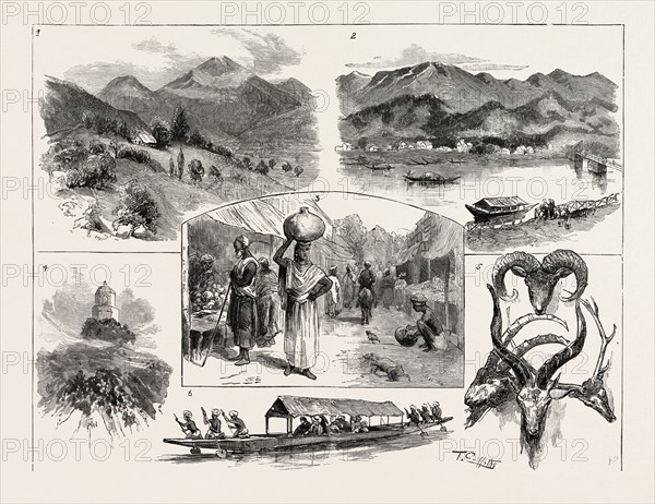 Duke and Duchess of Connaught in India, Rohra Valley in Summer. 2. Sopor, Himalayas in the Background. 3. Bazaar at Srinagar. 4. Temple on Takht-i-Suliman. 5. Heads of some Cashmere Game. 6. The Doongha, or Cashmere Boat  7. Departure of the Duke and Duchess of Connaught from Murree for Cashmere, engraving 1884