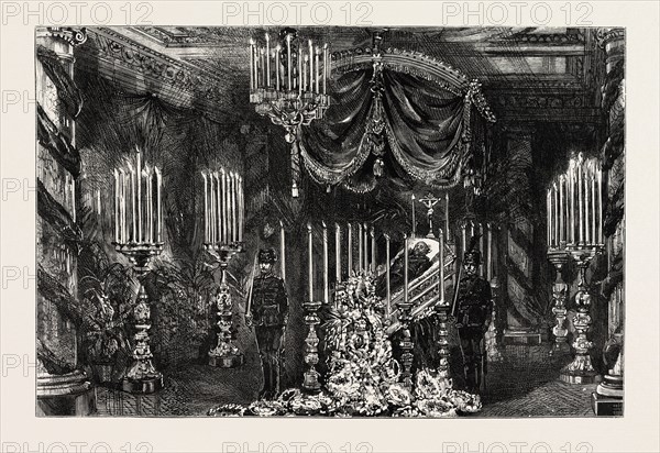 THE LATE DUKE OF BRUNSWICK LYING IN STATE, ENGRAVING 1884, UK, britain, british, europe, united kingdom, great britain, european