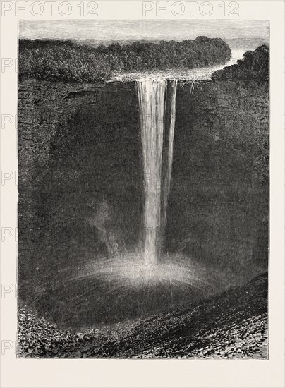 THE KAIETEUR FALLS, BRITISH GUIANA, ENGRAVING 1884, a high-volume waterfall on the Potaro River in central Guyana, Potaro-Siparuni region. It is located in Kaieteur National Park.