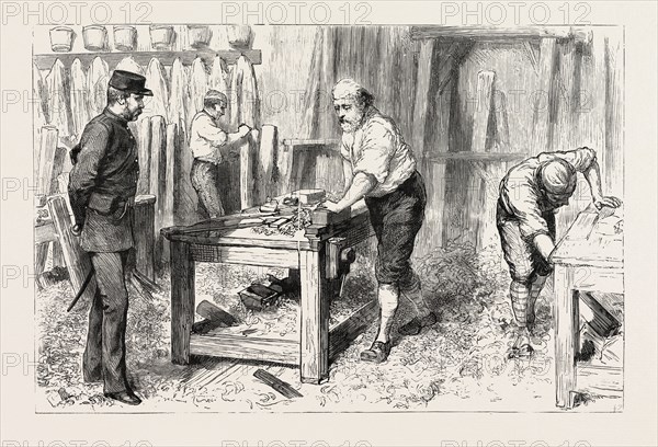 THE CLAIMANT AT WORK IN THE CARPENTERS SHOP,  PORTSMOUTH CONVICT PRISON, ENGRAVING 1884, UK, britain, british, europe, united kingdom, great britain, european